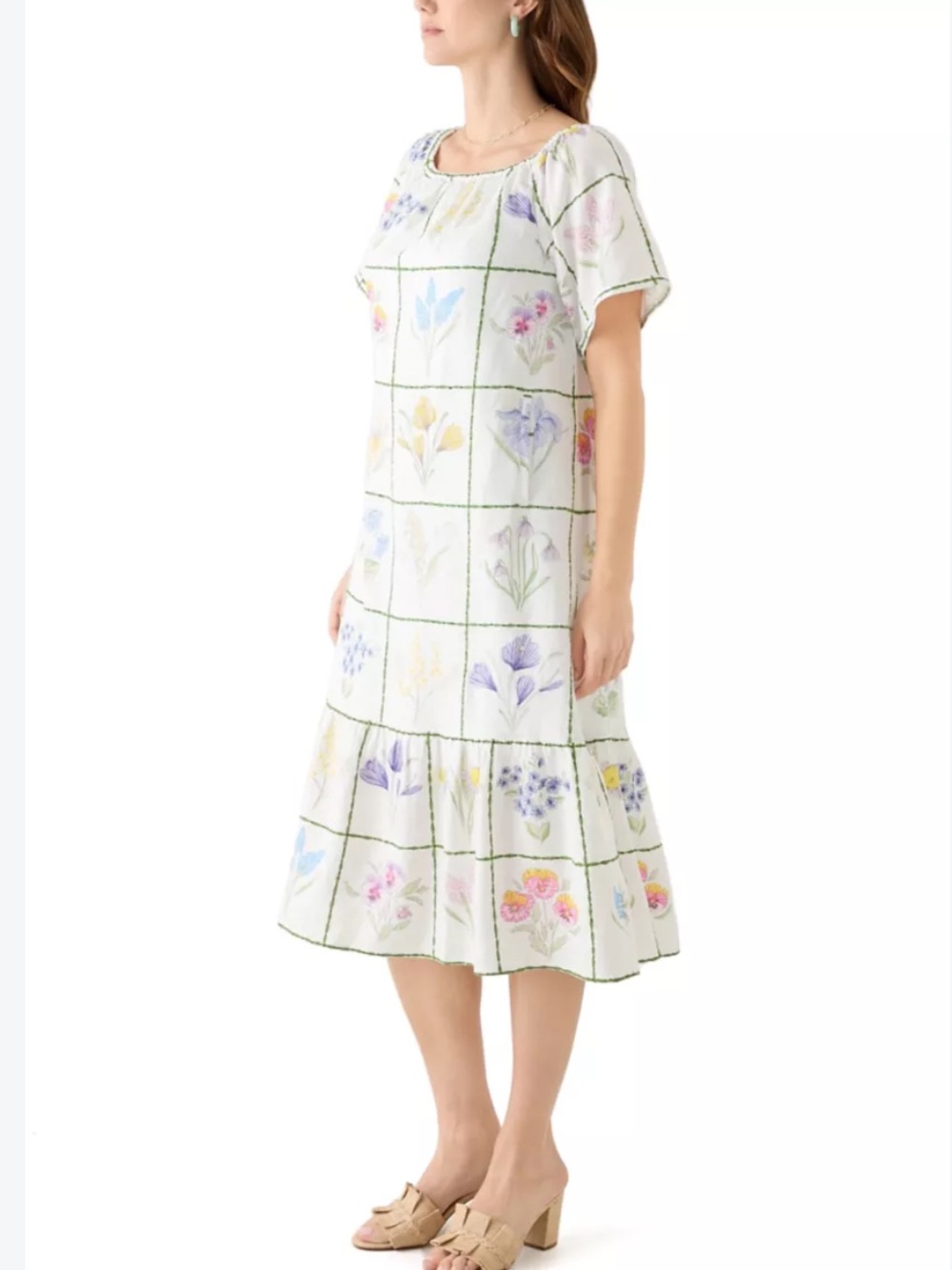 Crown & Ivy Flowers Grid Linen Dress Sz L w MEASUREMENTS Pockets Ruffle Hem